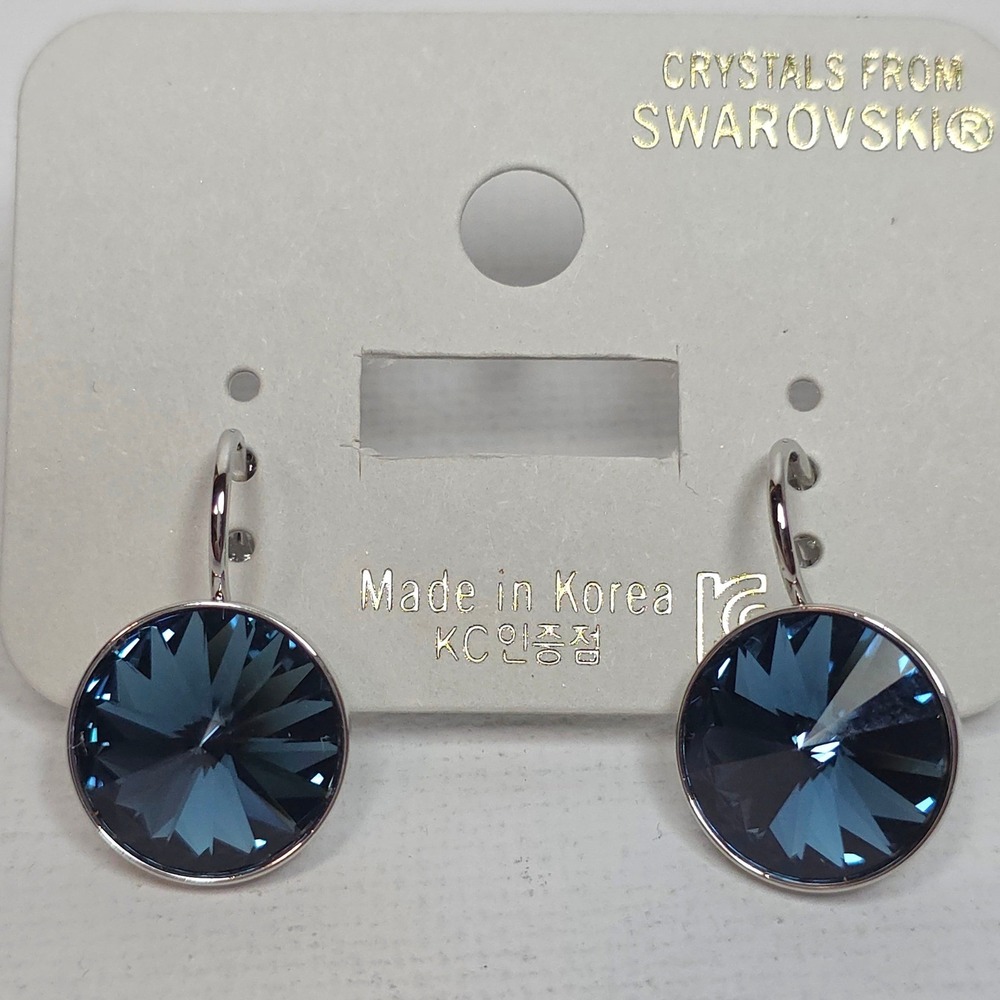NEW Swarovski Montana Blue Round 13mm Leverback Drop Earrings Platinum Plated #2